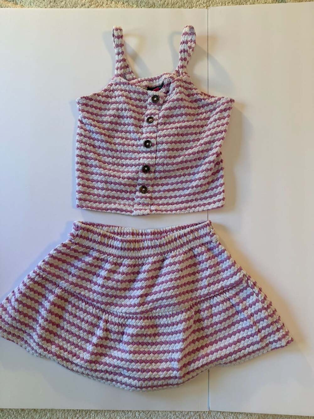 Vince Camuto Pink and White Striped Textured Knit Crop Top and Mini Skirt Set